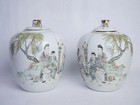Pair Of Chinese Export Famille Rose  figural  Covered Ginger Jars