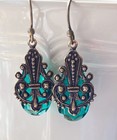 Art Nouveau Earrings Brass Filigrees W  Antique Green Czech Glass 1 3 8    Long