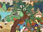 Mexican Signed Folk Art Painting 12x12 Birds Plants Churches Village People