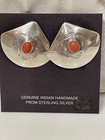 Vintage Navajo Sterling Silver Natural Red Coral Stamped Concho Earrings Signed