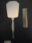 Vintage Hand Held Vanity Mirror   Comb Set Gold Tone Silver Accent Floral 1950s