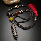 Tibetan Buddhism Agate Inlaid Silver Wire 15 Eyes Totem Dzi Bead Pendant G5947