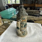 German Lidded Beer Stein Relief Deer Forest Scene Pewter Lid Breweriana