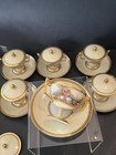 Antique Set 6 Handpainted Dresden Sherbet Cups Saucer Lid Jeweled Watteau Scene