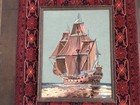Vtg Shabby Framed Sailboat Tall Ship Schooner Needlepoint Nautical 24x19