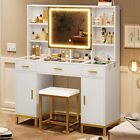 Makeup Vanity Set With Glass Desktop Led Dressing Table Hidden Storage Shelves