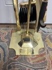 Vintage Mcm Brass   Wood Fireplace Tool Set With Stand 4 Piece