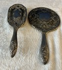 Heavy Antique Silver Plated Ornate Vanity Handheld Mirror    Brush