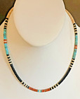 Santo Domingo Turquoise Sterling Heishi Necklace Signed Mary Calabaza 18 
