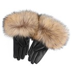 Women Real Lambskin Leather Gloves With Fox Hair Trim Cuff Winter Warm Fluffy