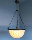 Antique Vintage Art Deco Fixture Ceiling Brass Hanging Light Milk Glass Lamp