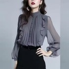 Chiffon Stand Collar Blouse Women Spring autumn Fashion Ruffle Long Sleeve Top