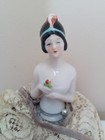 Antique 1920s German Porcelain Flapper Half Doll Pin Cushion Lady W feather Head