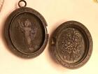 Antique Victorian Irish Bog Oak Locket Grape Cluster Angel Flower Bouquet Carved