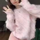 Women Striped Fluffy Knitted Sweater Pullover Tops Long Sleeve Soft Loose