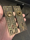 Pair  2  Antique Mallory Wheeler Fleur De Lis Cast Brass Door Knob Back Plate