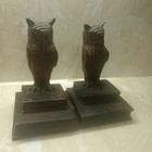 Vintage Mcm Cast Metal brass Perched Horned Owls On Books Bookend Set 