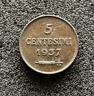 San Marino 5 Centesimi 1937 R Bronze Coin Km 12 200k Mintage Tm1127