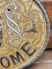 Vtg 80s Welcome Plaque Oval Metal  Enameled Pineapple   Butterflies 8 5  W 6 5 