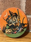 U s  Metal Toy Round Witch Black Cat Ratchet 4  Tin Litho Halloween Noisemaker