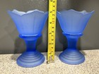 2 Vintage Frosted Glass Blue Depression Era Tulip Candle Holder Or Parfait Dish