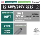 3 Prong Dryer Cord 10 Ft 30 Amp Nema 10-30 10 3 Stw Gray Heavy Duty Power Cord