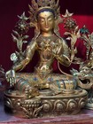 18 9  Old Tibetan Bronze 24k Gold Green Tara Guanyin Kwan-yin Bodhisattva Statue