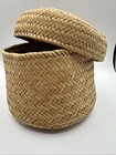 Round Woven Straw Lidded Basket Vessel Storage Boho Rustic Farmhouse Decor