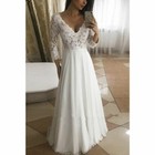 V-neck Long Sleeve Wedding Dresses Chiffon White ivory Lace Applique Bridal Gown