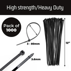 1000 Pack 12 Inch Zip Ties Black Heavy Duty Nylon Cable Ties Wire Straps Outdoor