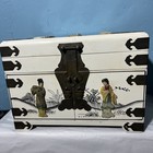 Large Vtg Asian Carved Shell Red Velvet Hand Painted White Lacquer Jewelry Box