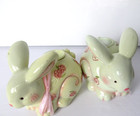 Vintage Pair Of Easter Rabbit Taper Candle Holders Floral Ribbon Cottage Core
