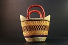 African Bolga Basket Ghana Handwoven Tote Leather Handle Colorful Straw-g5627