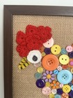Handmade Mixed Media Chicken Wall Art   Crochet  Button  Burlap  Framed  8x8 