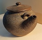 Antique Japanese Meiji Teapot   Water Drop Brown Pottery W jakatsu Glaze