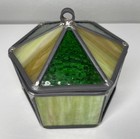 Vtg Green Slag Stained Glass Hexagon Trinket Box With Lid Vanity Dresser Mirror