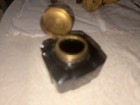 Extreme Dark Green Black Glass Inkwell Flip Top Brass Cover Antique
