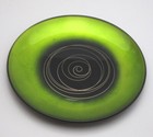 Mid Century Modern 7 Glass Plates Vintage  Luminous Green W  Black   Gold Center