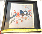 Vintage Orignal Signed Japanese Art Silk Painting Blue Bird Flowers Reiko Kojima