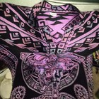 Vintage El Rosario Mexican Poncho Aztec Calendar Warrior Pink Black Fringe Gaban