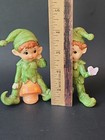 Set Of 2 Vintage Ceramic Green Lefton Pixie Elves Elf Mushroom Butterfly