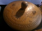 Vintage  1950s  Hand Turned Cherry Wood Bowl 5 5  Side Panel   Top Design Carved