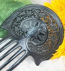 Vintage 6  Lotus Flower Floral Design Black Plastic Celluloid Hair Comb  read 