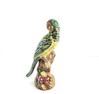 Vintage Majolica Green   Yellow Parrot Figurine On Floral Tree Stump Porcelain
