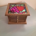 Vintage Sanyei Japan Mid Century Wood Cork Coaster Set Box Grape Apple Grannycor