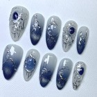 Handmade Blue Gradient Silver Metal Gem Pearl Long Stiletto Press On Nails