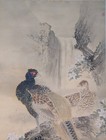 Japanese Hanging Scroll Art Painting  twin Pheasants And Waterfall  Kakejiku
