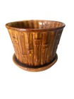 Vintage Mccoy 0375 Brown Drip Glaze Bamboo Pattern Planter Attached Saucer 8 5   