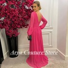 Fuchsia Chiffon A-line Mother Of The Bride Dresses V-neck Pleats Long Sleeves
