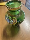 Antique Venetian Glass Emerald Green Vase Raised Floral Hand Painted Gold Gilt